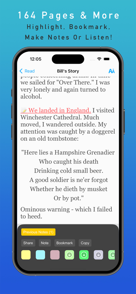 AA Big Book e-Reader + Audio - AA Big Book app interface showing text highlighting and note taking features on an iPhone