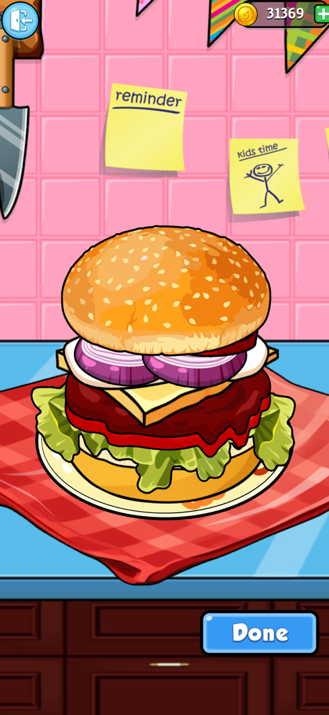 A tall cartoon hamburger with fresh toppings in a virtual kitchen