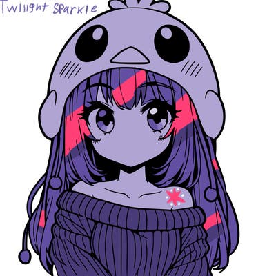 anime girl with chick shaped hat with sweater with bare shoulders with bangs covering them one eye with low tail