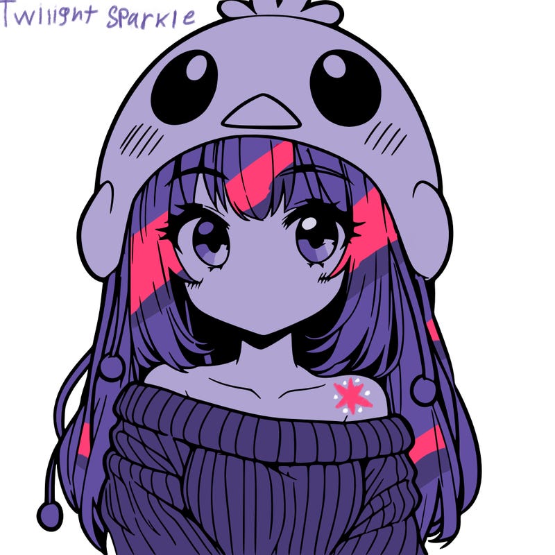 anime girl with chick shaped hat with sweater with bare shoulders with bangs covering them one eye with low tail