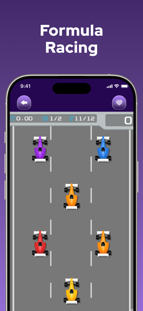 Offline Puzzle Games - No WiFi - Top down view of the Formula Racing mini game showing colorful cars on a three lane track