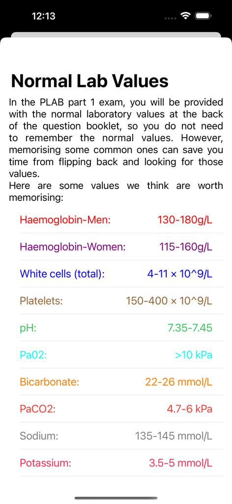 A list of normal laboratory values for the PLAB Part 1 medical licensing exam