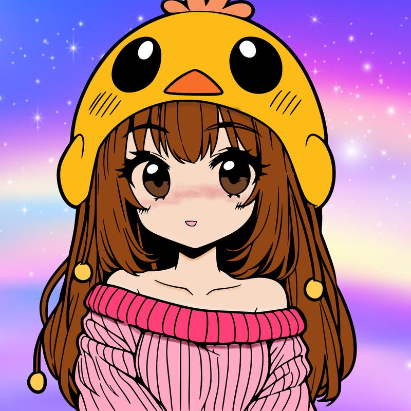 anime girl with chick shaped hat with sweater with bare shoulders with bangs covering them one eye with low tail