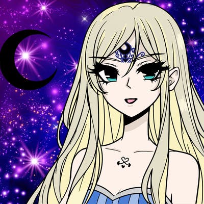 anime female vampire, crescent moon tattoo on forehead, long light hair