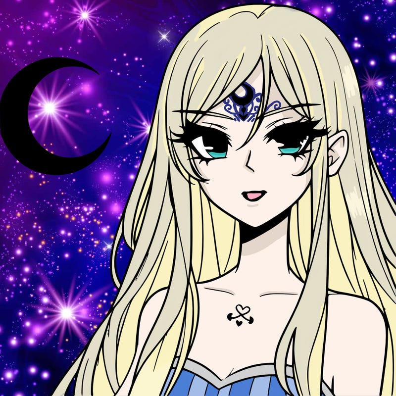 anime female vampire, crescent moon tattoo on forehead, long light hair