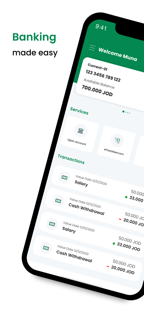 CAB Mobile Banking - Dashboard dell'app di mobile banking Cairo Amman Bank che mostra il saldo del conto e le transazioni recenti