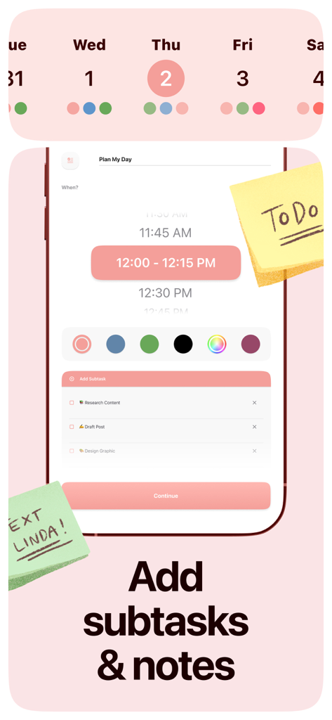 Structured 앱 인터페이스로, 색상으로 구분된 하위 작업 및 노트를 일일 일정에 추가합니다.