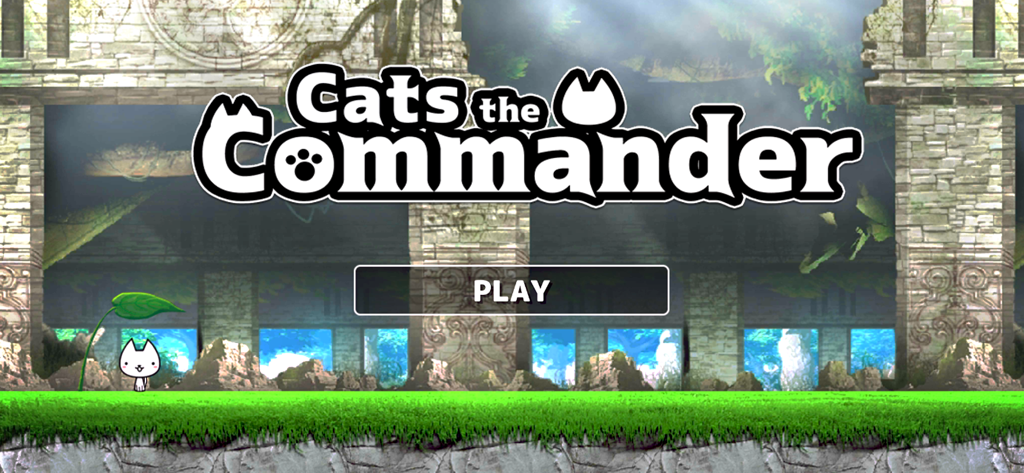 Écran titre du jeu Cats the Commander avec un bouton de lecture et un petit héros chat blanc