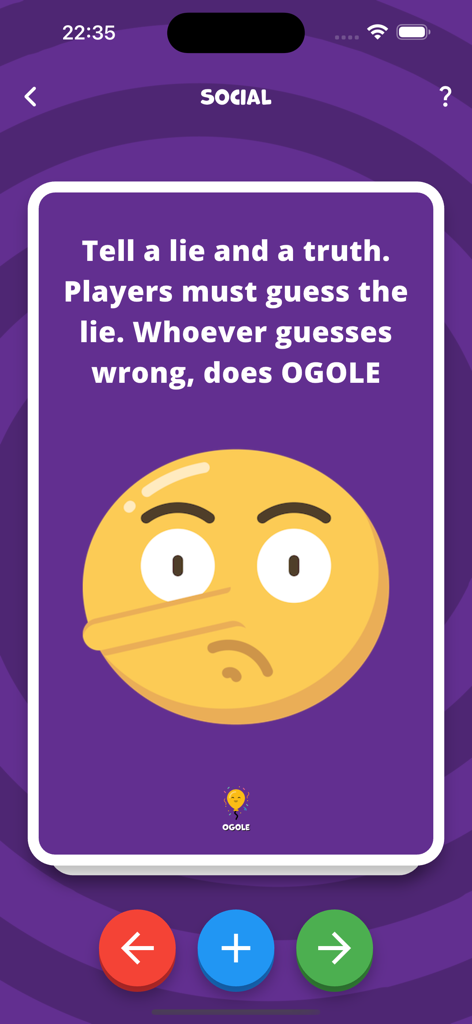 OGole - Party game - OGole party game screen featuring a social challenge card with a lying face emoji and truth or lie game instructions.