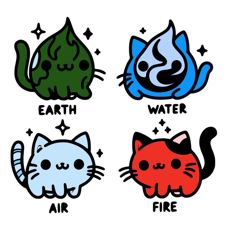 4 cats that represent the different elements, earth, water, air, and fire