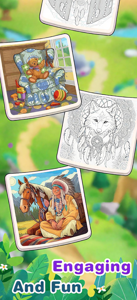 Variedad de plantillas para colorear y obras de arte terminadas en la app Color Flow.