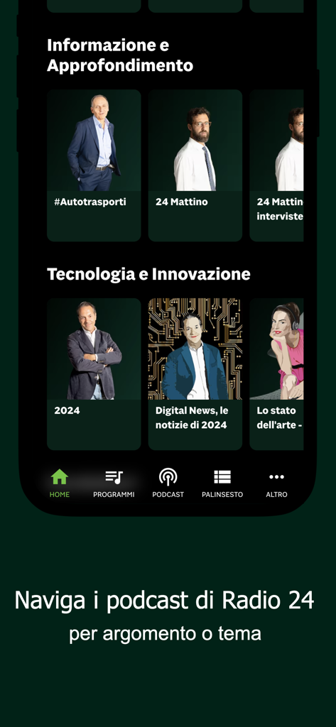 Radio 24 app interface showing podcast categories for news technology and innovation
