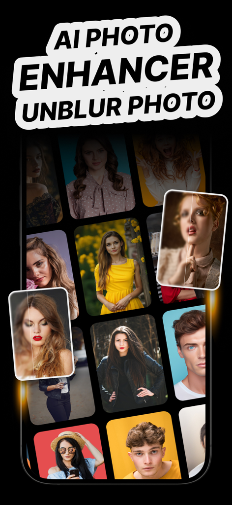 Enhancer & Analyzer: RePixel - A grid of portrait photos demonstrating AI photo enhancement and unblur features