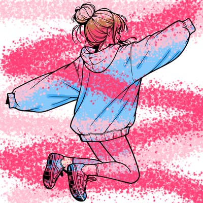 realistic girl jumping with a bun and oversized sweatshirt