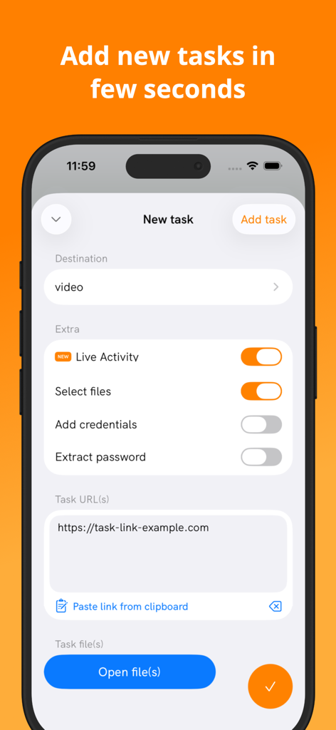 DSLoad Station app interface for adding a new download task to a Synology NAS on iPhone