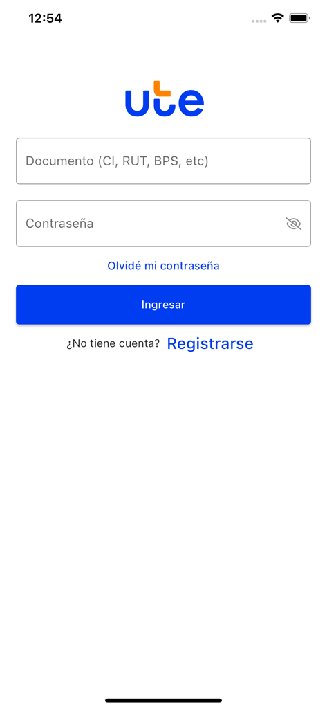 Schermata di accesso per l'applicazione mobile UTE Clientes con campi di inserimento per identificazione e password.