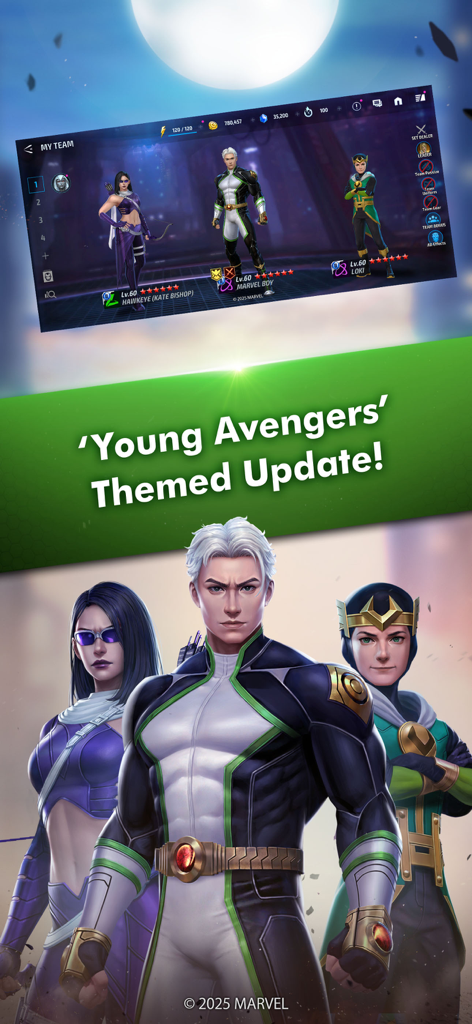 Marvel Future Fight Promotionbild für das Young Avengers-Update mit den Charakteren Marvel Boy Hawkeye und Loki
