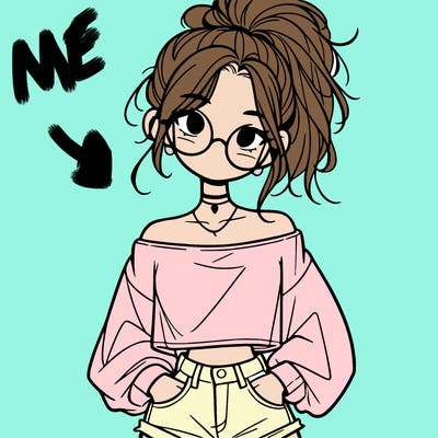 girl with a messy ponytail glasses a baggy crop top and jean shorts