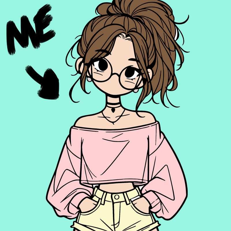 girl with a messy ponytail glasses a baggy crop top and jean shorts