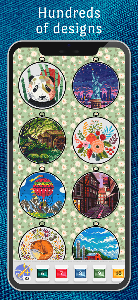 A mobile screen showing a selection of circular cross-stitch patterns and colorful thread spools