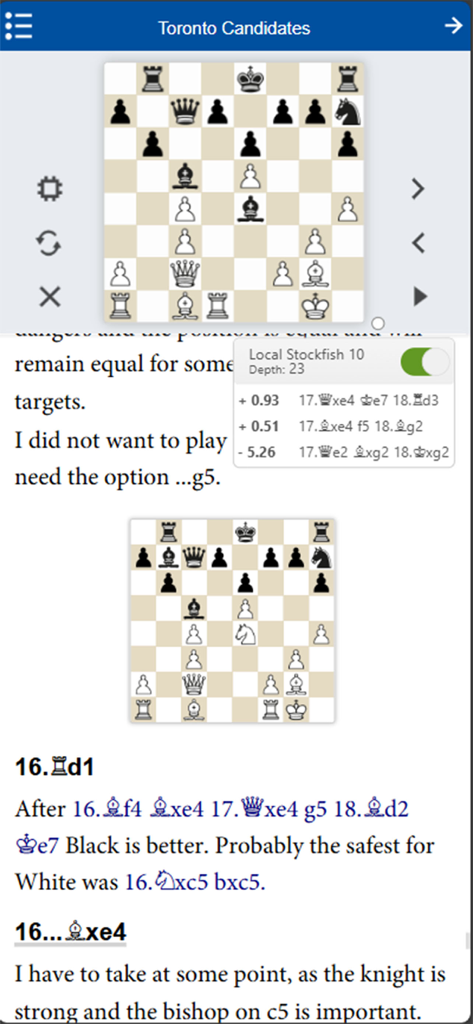 New In Chess - New In Chess App zeigt einen Artikel mit interaktiven Schachbrettern und Stockfish-Engine-Analyse.