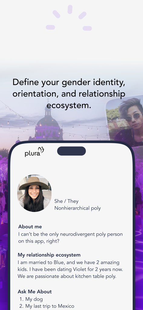 Plura: Meet Partners & Friends - Página de perfil de usuario de la aplicación Plura mostrando opciones de identidad de género y orientación de relación