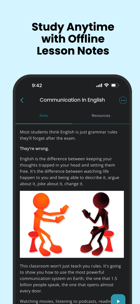 FlashLearners: Study & CBT - FlashLearners app interface showing an offline English communication lesson with study notes and a colorful illustration of two people talking.