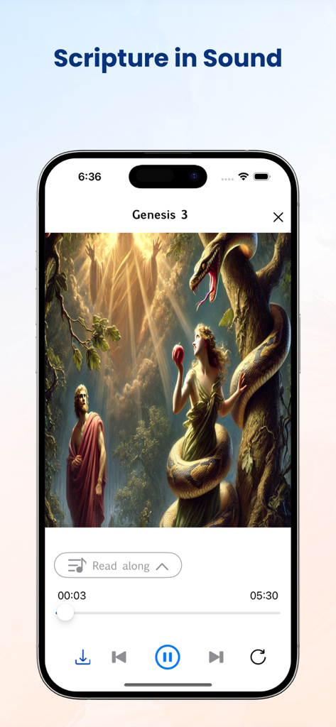 RSV Bible app screen showing the audio player for Genesis 3 with a detailed illustration of Adam Eve and the serpent