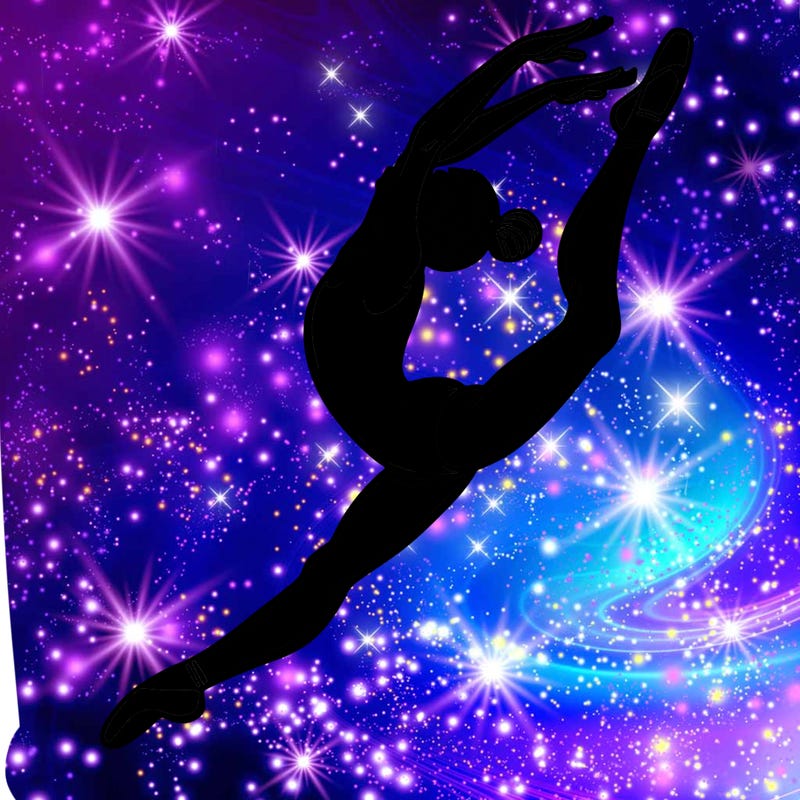 gymnast doing a leap in a leotard with a bent back leg