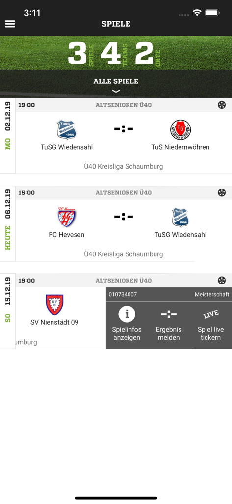 DFBnet Mobile App Benutzeroberfläche, die eine Liste anstehender Amateurfußballspiele mit Optionen zur Berichterstattung und Live-Ticker anzeigt.