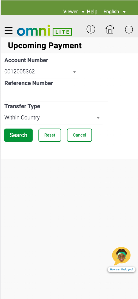 Ecobank Omni Lite - Écran de recherche des paiements à venir dans l'application bancaire mobile Ecobank Omni Lite avec des filtres de compte et de type de virement.