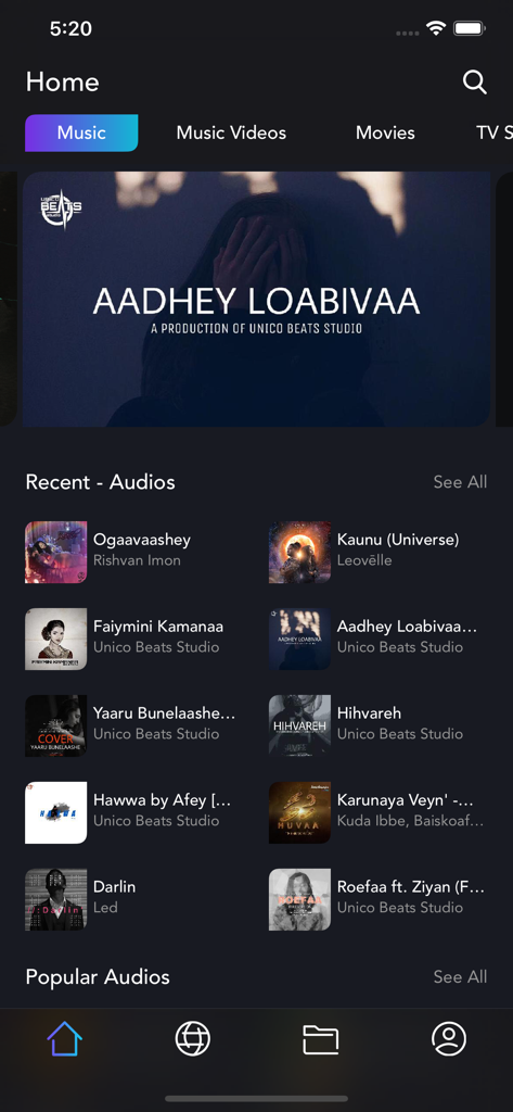 Baiskoafu app home screen showing the music section with Maldivian audio tracks