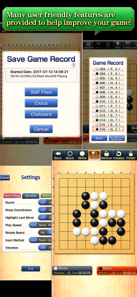 Screenshots of CrazyStone DeepLearning app showing Go board gameplay game records and settings menu