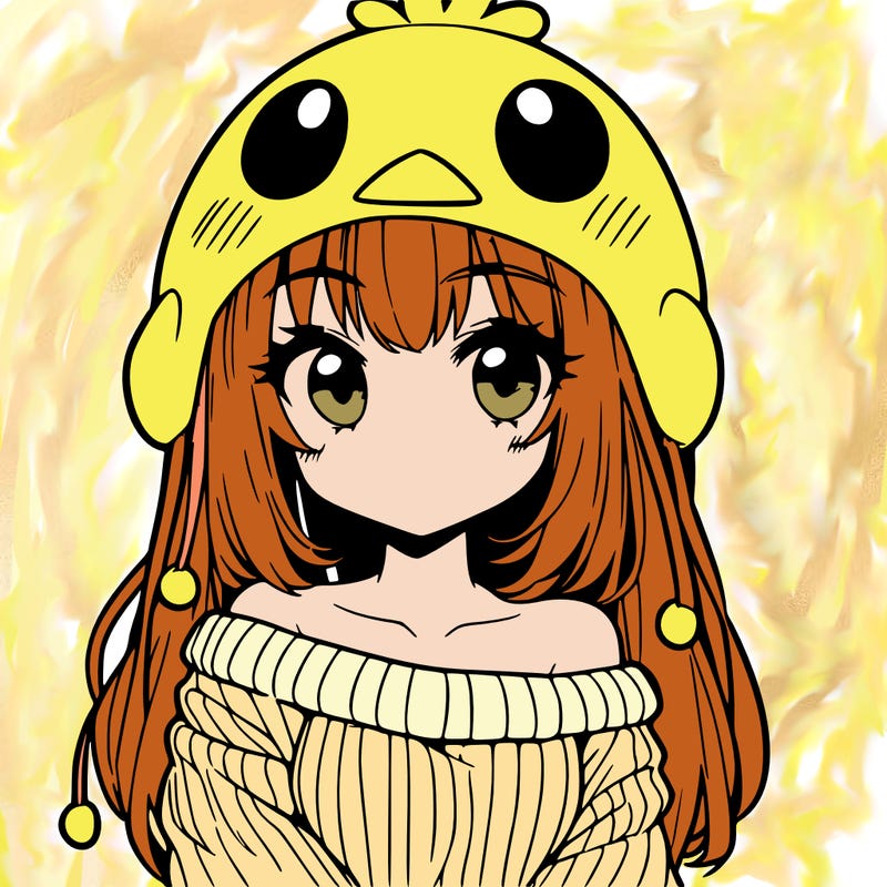 anime girl with chick shaped hat with sweater with bare shoulders with bangs covering them one eye with low tail