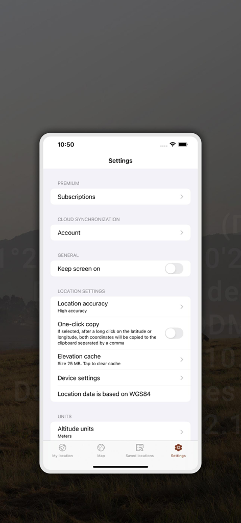 Settings screen of the My GPS Coordinates Lite app showing configuration options for location accuracy, unit measurements, and cloud synchronization.