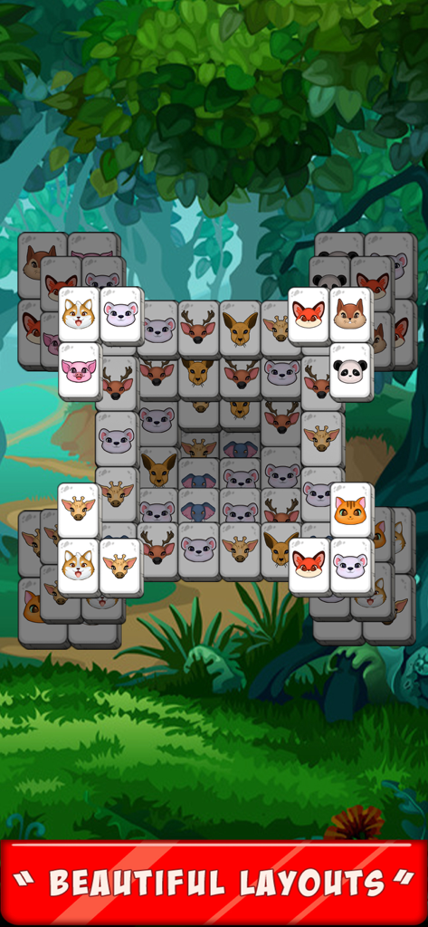 Jugabilidad de Mahjong Quest que muestra un puzzle con fichas de animales y un fondo de bosque
