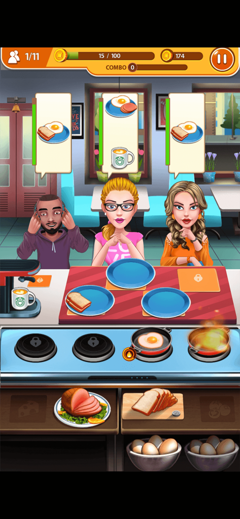 Cooking Chef - Food Fever - Capture d'écran du gameplay de Cooking Chef Food Fever montrant un chef préparant des œufs et du café pour trois clients à un comptoir de restaurant.