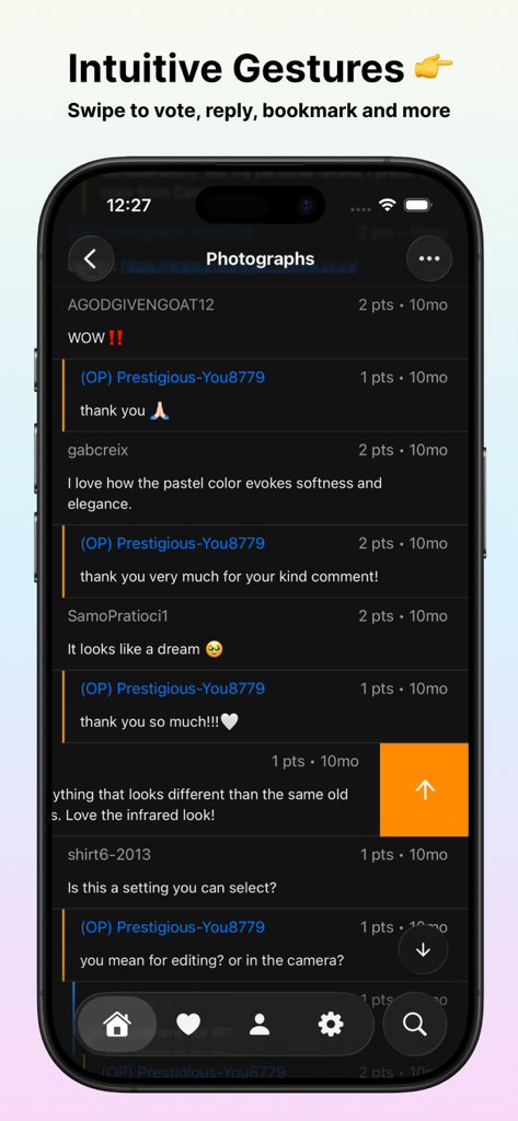 Artemis for Reddit - Artemis for Reddit interface showing intuitive swipe gestures to upvote a comment