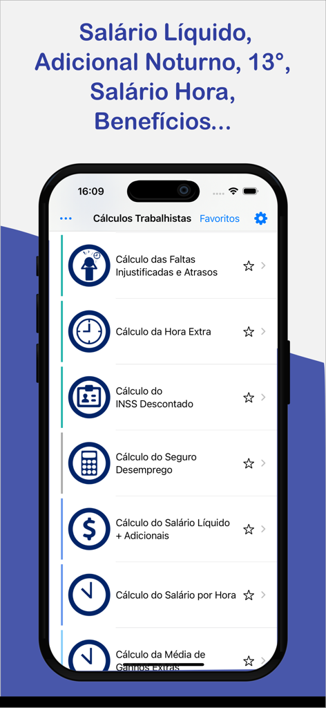 Main menu of the Calculos Trabalhistas app showing calculation options for Brazilian labor rights and net salary