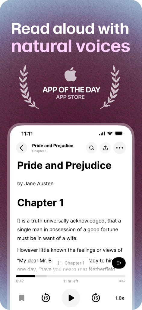 ElevenReader App-Oberfläche, die Stolz und Vorurteil von Jane Austen mit Text-to-Speech-Wiedergabesteuerelementen anzeigt.
