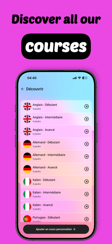 A mobile interface showing various language learning courses for English, German, and Italian sorted by difficulty levels on a vibrant pink background.