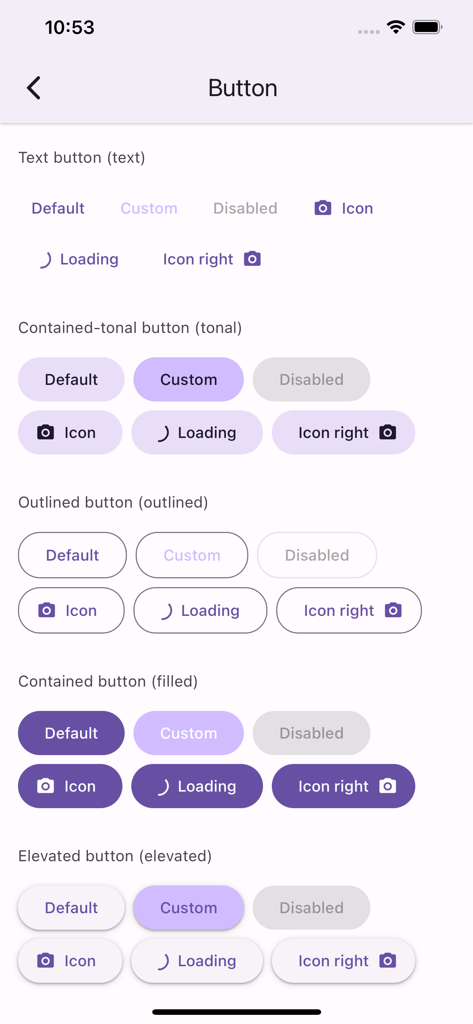 React Native Paper - A demonstration of various button components and states including text tonal outlined and elevated styles within the React Native Paper app