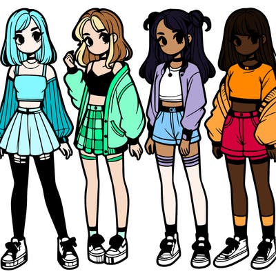 one girl with crop-top shirt and a jacket with a skirt, long socks and another girl with a shirt and pants with a jacket