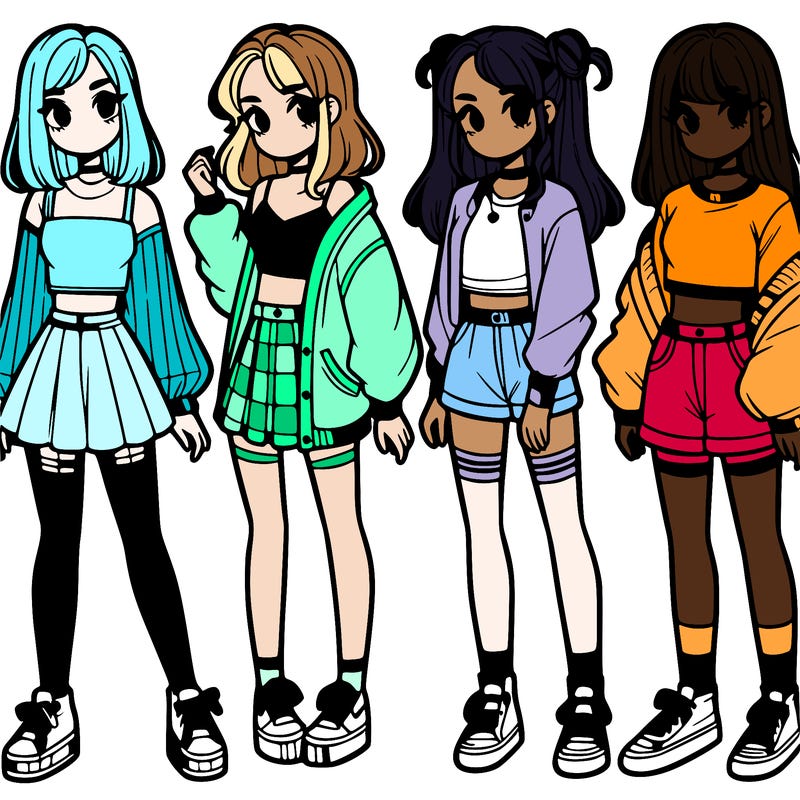 one girl with crop-top shirt and a jacket with a skirt, long socks and another girl with a shirt and pants with a jacket