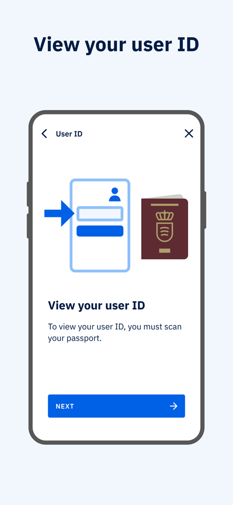 MitID - Bildschirm aus der MitID-App mit dem Titel Zeigen Sie Ihre Benutzer-ID an, mit Anweisungen zum Scannen eines Reisepasses.