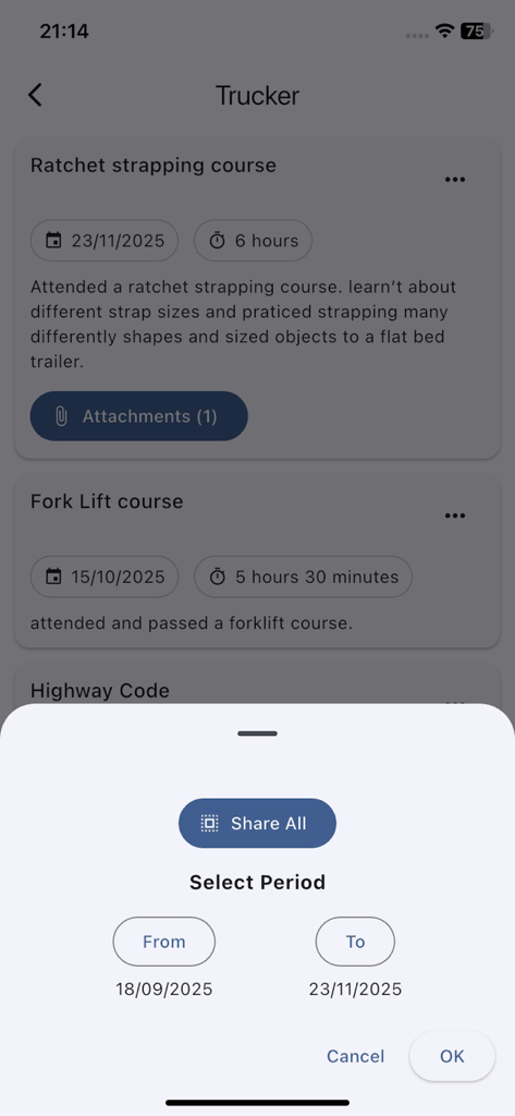 CPD Progress Tracker - CPD Progress Tracker interface showing professional training logs for a trucker and a date range selection for exporting data