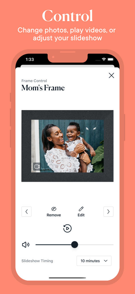 Aura Frames App-Bildschirm zur Fernsteuerung für die Verwaltung von Fotos und Diashow-Einstellungen