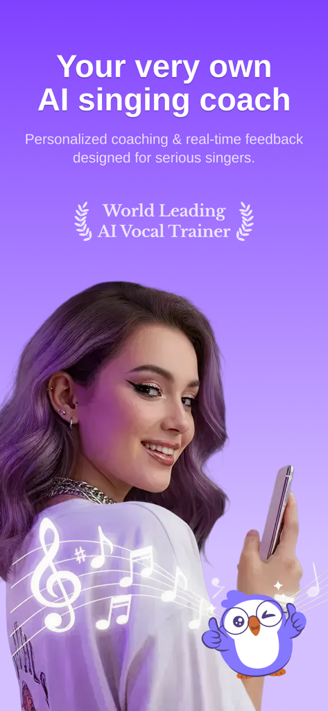 Vocaflow - Singing Coach - A woman holding a smartphone featuring the Vocaflow AI singing coach app
