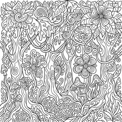Embark on a vibrant coloring adventure through a dense, psychedelic rainforest. This intricate template features swirling trees, exotic flowers, and a hidden chameleon, promising a captivating artistic escape.