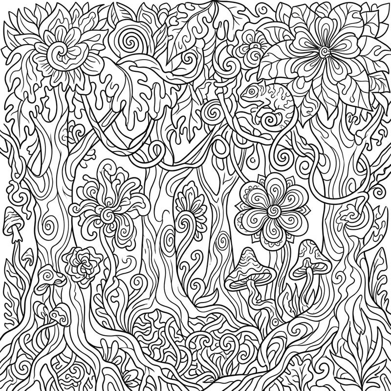 Embark on a vibrant coloring adventure through a dense, psychedelic rainforest. This intricate template features swirling trees, exotic flowers, and a hidden chameleon, promising a captivating artistic escape.
